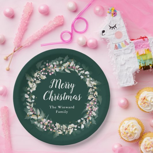 Roze Holly Krans Vrolijk Kerstfeest Papieren Bordje (Feest)
