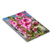 Roze hollyhocbloemen briefkaart vierkant sticker T Notitieboek (Rechterzijde)