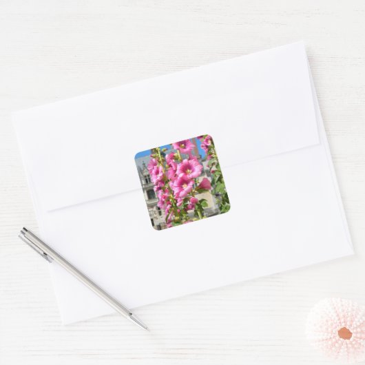 Roze hollyhocbloemen briefkaart vierkante sticker (Envelop)