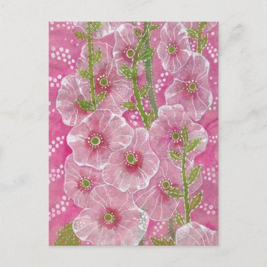 Roze Hollyhock Mallow Malva Flower Floral Painting Briefkaart (Voorkant)