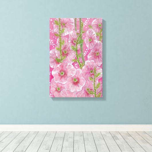 Roze Hollyhock Mallow Malva Flower Floral Painting Canvas Afdruk (Insitu (Houten vloer))