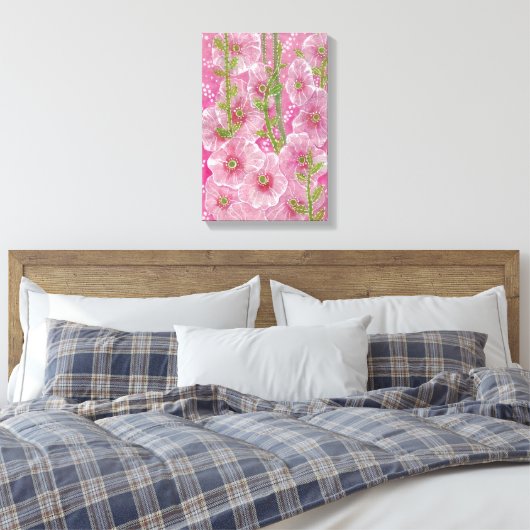 Roze Hollyhock Mallow Malva Flower Floral Painting Canvas Afdruk (Insitu (Slaapkamer))