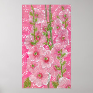 Roze Hollyhock Mallow Malva Flower Floral Painting Poster