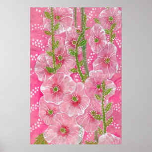 Roze Hollyhock Mallow Malva Flower Floral Painting Poster