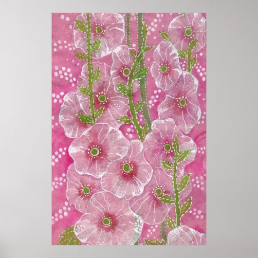 Roze Hollyhock Mallow Malva Flower Floral Painting Poster (Voorkant)