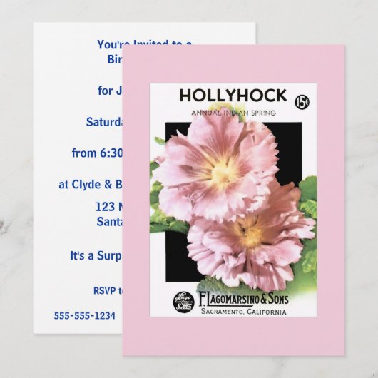  roze Hollyhock Seed Packet Kaart (Voorkant / Achterkant)