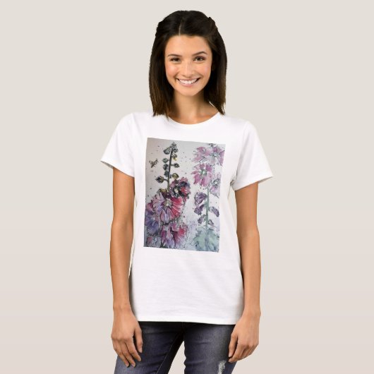 Roze Hollyhock Waterverf Ink Painting T Shirt (Voorkant volledig)