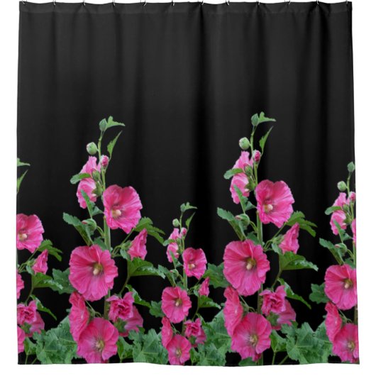 Roze Hollyhocks op Black Douchegordijn (Voorkant)