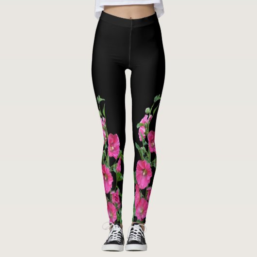 Roze Hollyhocks op Black Leggings (Voorkant)