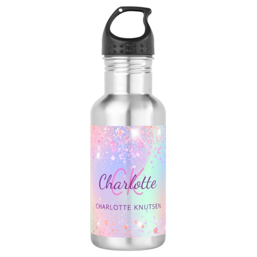 Roze holografisch monogram meisje waterfles (Voorkant)
