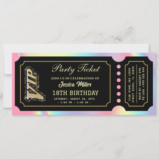 Roze Holografisch Zwart Luxe Ticket Kaart (Voorkant)