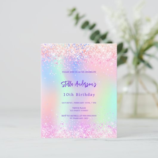 Roze holografische 10e verjaardag budget uitnodigi (Staand voorkant)