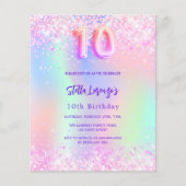 Roze holografische 10e verjaardag budget uitnodigi (Voorkant)