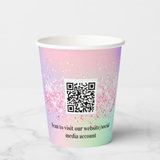 Roze holografische bedrijfscode logo qr papieren bekers (Achterkant)