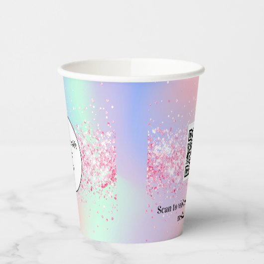 Roze holografische bedrijfscode logo qr papieren bekers (Links)