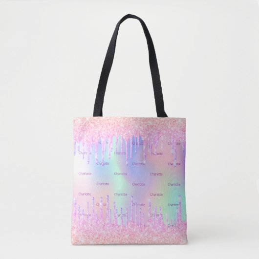 Roze holografische druppels monogram tote bag (Voorkant)