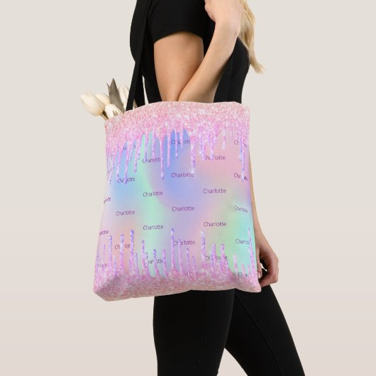 Roze holografische druppels monogram tote bag (Dichtbij)