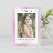 Roze holografische foto-Afstuderen Bedankkaart (Staand voorkant)