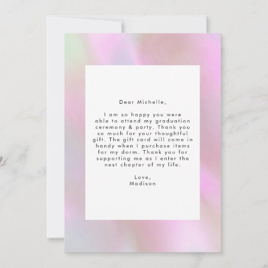 Roze holografische foto-Afstuderen Bedankkaart (Achterkant)