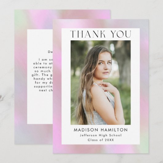 Roze holografische foto-Afstuderen Bedankkaart (Voorkant / Achterkant)