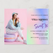 Roze holografische foto budget Sweet 16 uitnodigin (Voorkant)
