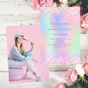 Roze holografische foto luxe verjaardag kaart