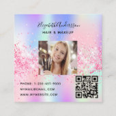 Roze holografische foto qr code vierkante visitekaartje (Achterkant)
