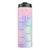 Roze holografische glitter druipt naam thermosbeker (Voorkant)