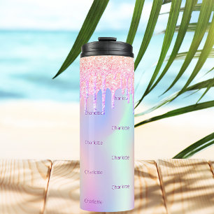 Roze holografische glitter druipt naam thermosbeker