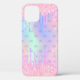 Roze holografische glitter druppelt monogram Case-Mate iPhone 14 hoesje