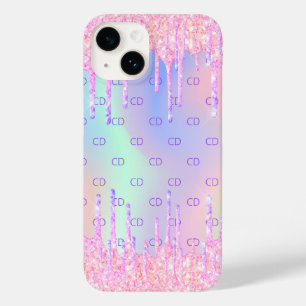 Roze holografische glitter druppelt monogram Case-Mate iPhone 14 hoesje