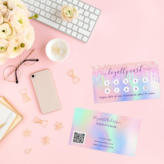 Roze holografische glitter druppelt qr code loyalt visitekaartje
