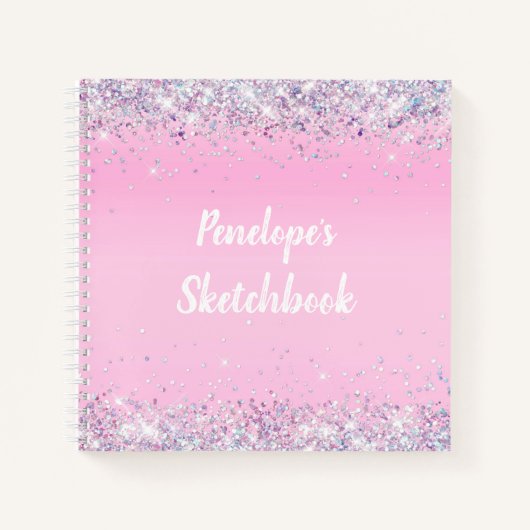 Roze holografische Glitter Monogram Sketchbook Notitieboek (Voorkant)