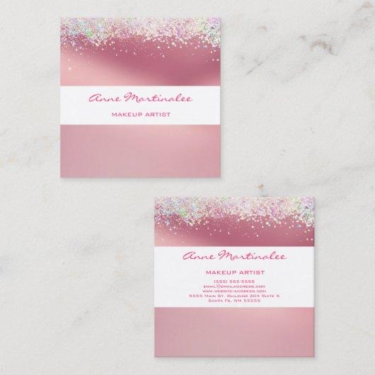 Roze holografische Glitter Square Visitekaartje (Voorkant / Achterkant)