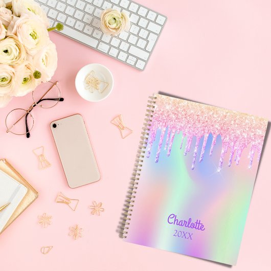 Roze holografische naam druipt 2025 planner