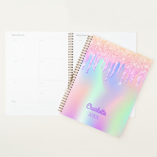 Roze holografische naam druipt 2025 planner (Display)