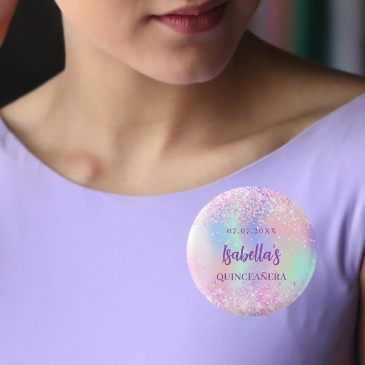 Roze holografische naam Quinceanera Ronde Button 3,2 Cm