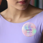 Roze holografische naam Sweet 16 Ronde Button 3,2 Cm<br><div class="desc">Voor een Sweet 16 verjaardagsfeestje. Een holografische gekleurde achtergrond in paarse,  roze en muntgroen. Versierd met confetti. Personaliseer en voeg een datum,  naam en leeftijd toe. Kan zowel als partijgunsten worden gebruikt,  sla de datum of de naammarkeringen voor de gasten op.</div>