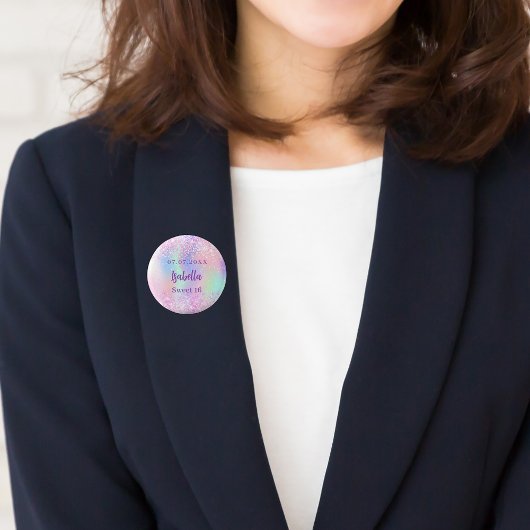 Roze holografische naam Sweet 16 Ronde Button 3,2 Cm