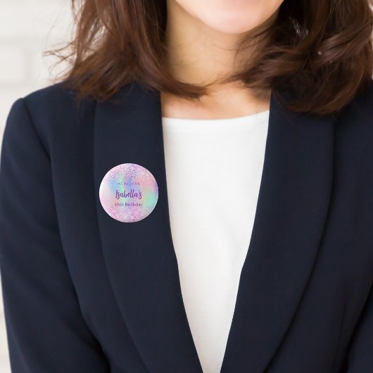 Roze holografische naam verjaardagsfeest ronde button 3,2 cm