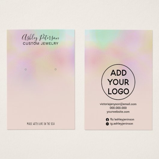 Roze holografische oorringen visitekaartje (Voorkant /achterkant)