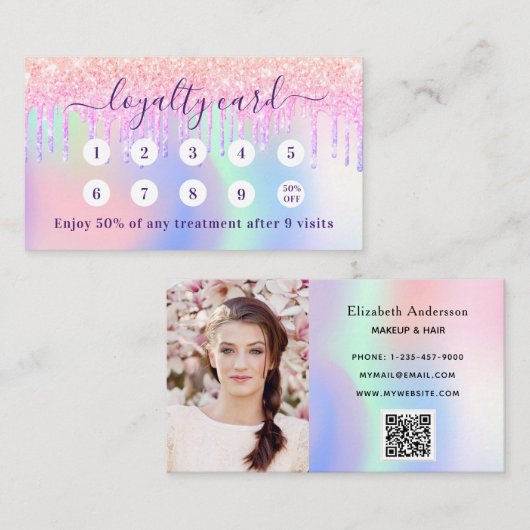 Roze holografische paarse druppels qr code foto klantenkaartje (Voorkant / Achterkant)