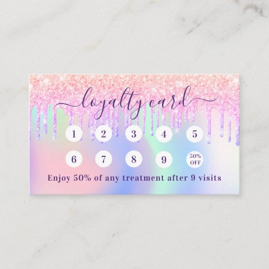 Roze holografische paarse druppels qr code foto klantenkaartje (Voorkant)