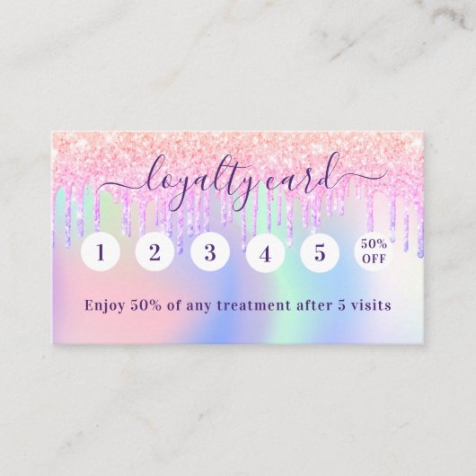 Roze holografische paarse druppels qr-code klantenkaartje (Voorkant)