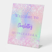Roze holografische paarse Quinceanera welkom Reclamebord Met Voetstuk (Voorkant)