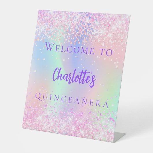 Roze holografische paarse Quinceanera welkom Reclamebord Met Voetstuk (Voorkant)