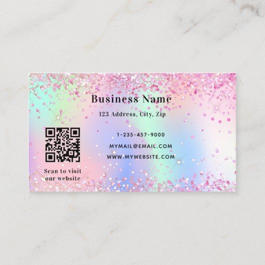 Roze holografische paarse sparkles qr code busines kortingskaartje (Achterkant)