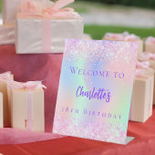 Roze holografische paarse verjaardagsfeestje welko reclamebord met voetstuk