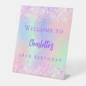 Roze holografische paarse verjaardagsfeestje welko reclamebord met voetstuk (Voorkant)