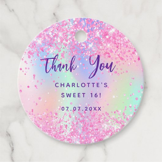 Roze holografische verjaardag bedankt bedankjes labels (Voorkant)